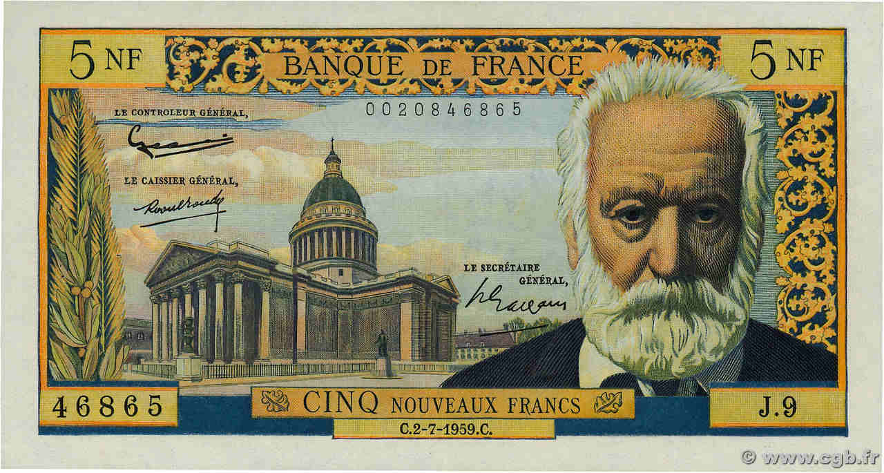 5 Nouveaux Francs VICTOR HUGO FRANCIA  1959 F.56.02 EBC
