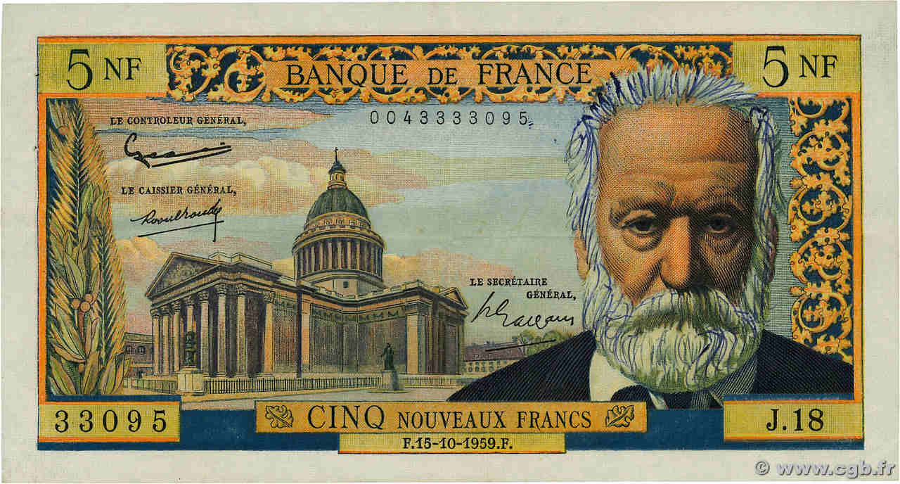 5 Nouveaux Francs VICTOR HUGO FRANKREICH  1959 F.56.03 SS