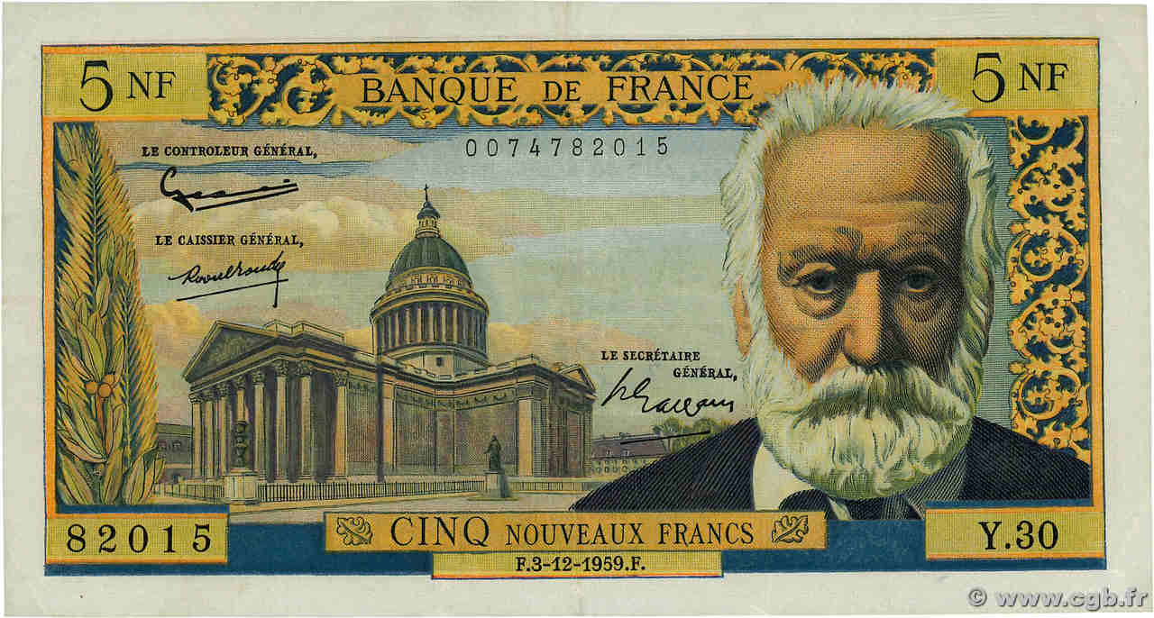 5 Nouveaux Francs VICTOR HUGO FRANCE  1959 F.56.04 VF-