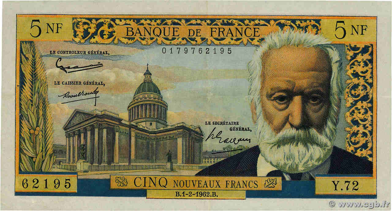 5 Nouveaux Francs VICTOR HUGO FRANCE  1962 F.56.10 TTB