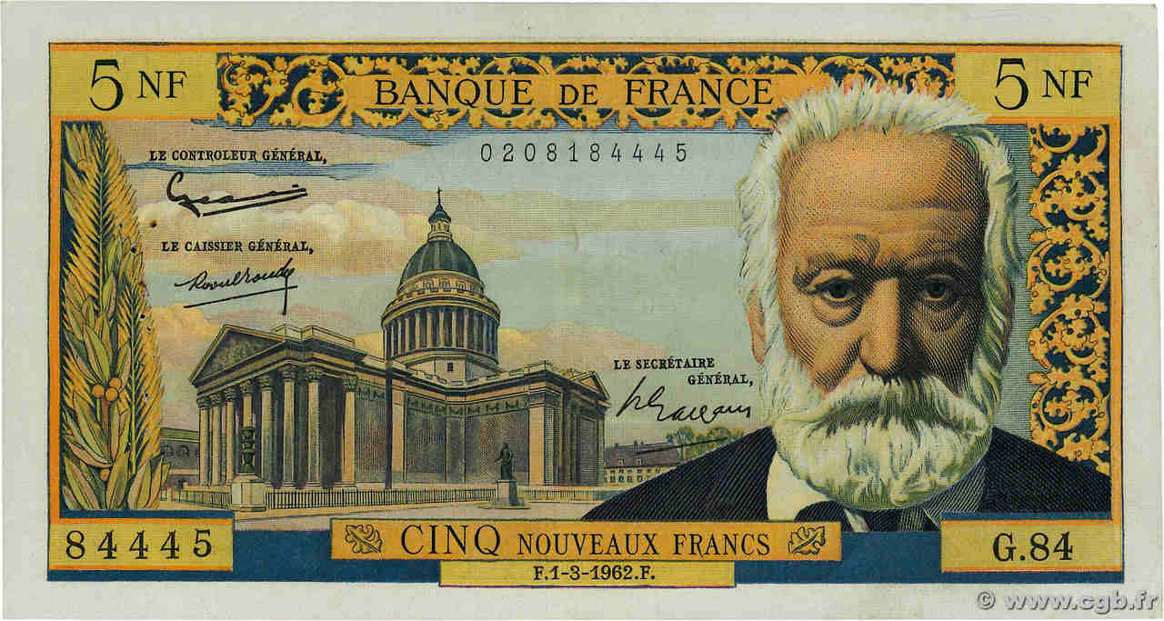 5 Nouveaux Francs VICTOR HUGO FRANCIA  1962 F.56.11 BB