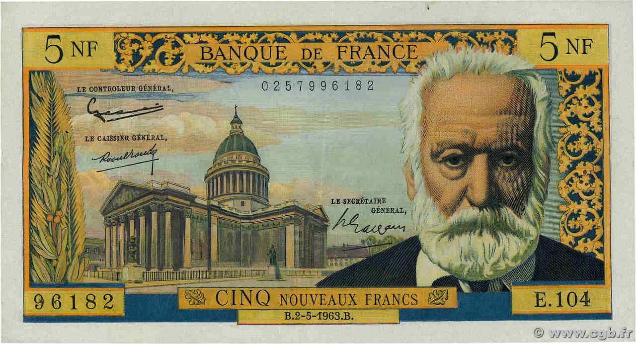 5 Nouveaux Francs VICTOR HUGO FRANCE  1963 F.56.14 TTB