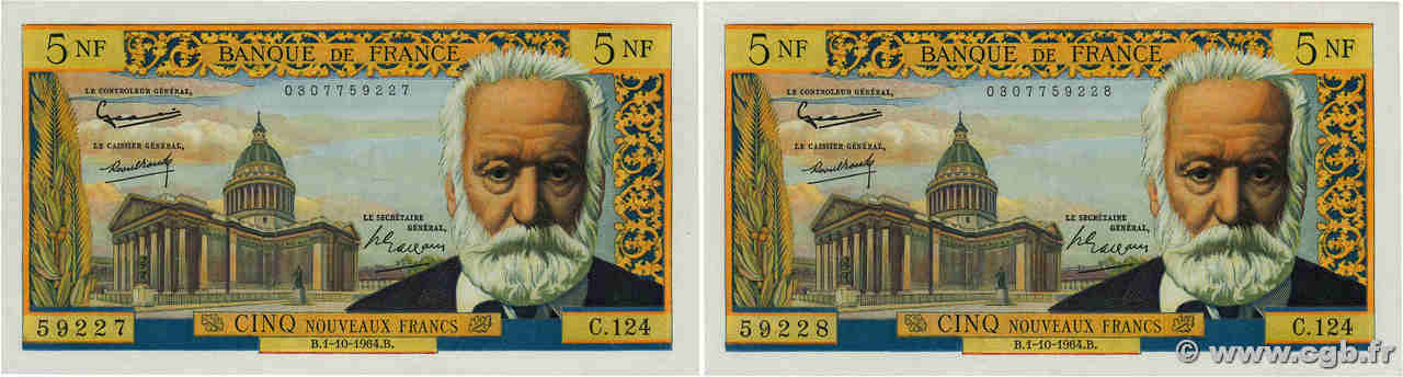 5 Nouveaux Francs VICTOR HUGO Consécutifs FRANCIA  1964 F.56.16 MBC
