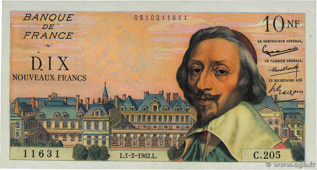 10 Nouveaux Francs RICHELIEU FRANCE  1962 F.57.17 XF-