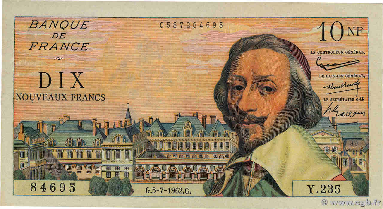 10 Nouveaux Francs RICHELIEU FRANCE  1962 F.57.20 XF-