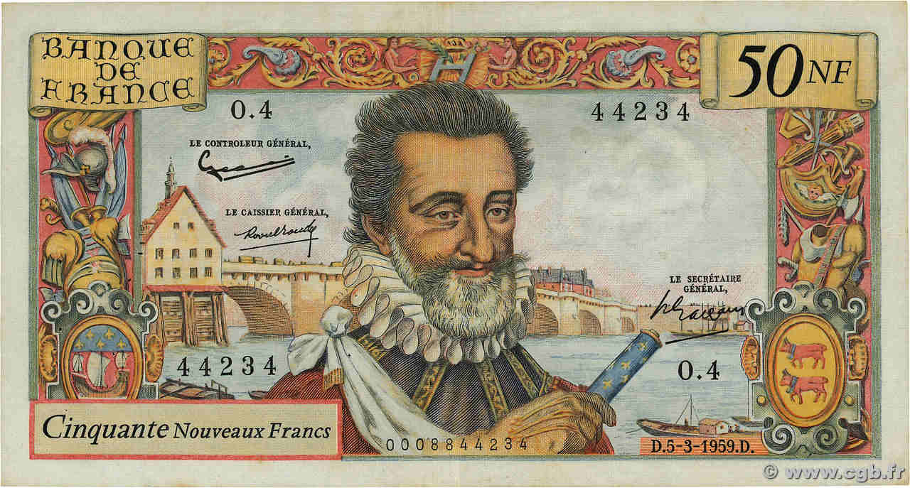 50 Nouveaux Francs HENRI IV FRANCE  1959 F.58.01 pr.TTB