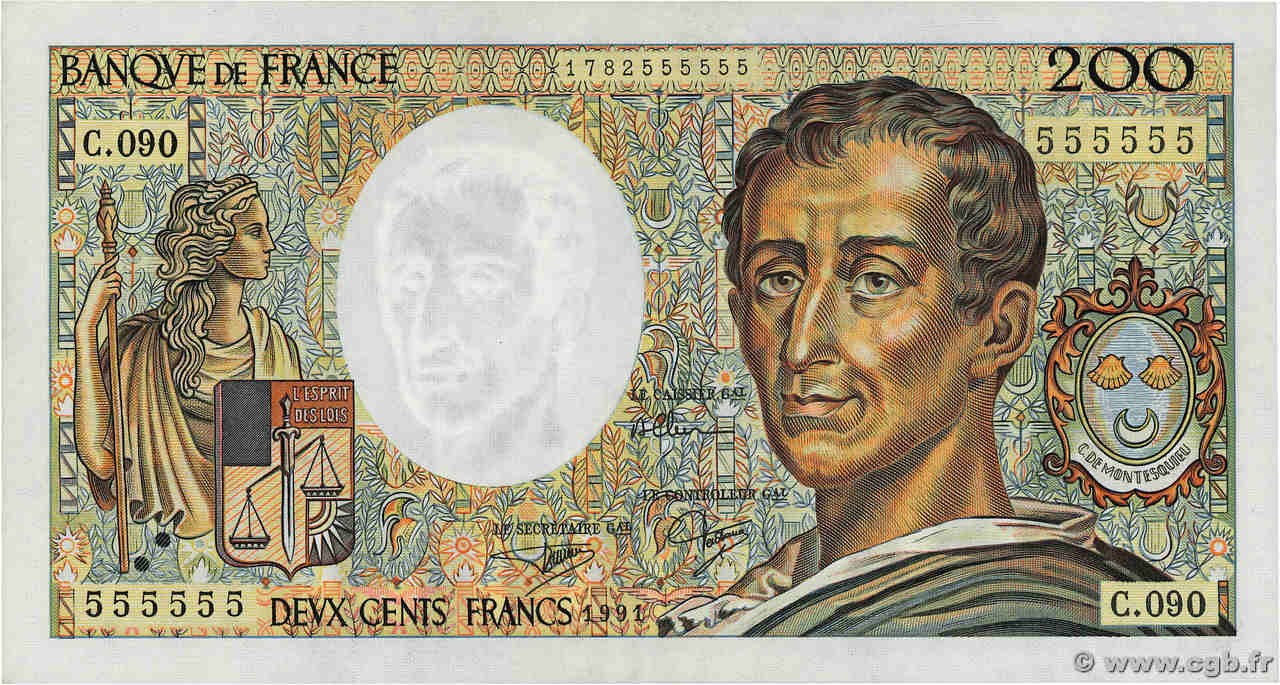 200 Francs MONTESQUIEU Numéro spécial FRANCE  1991 F.70.11 pr.SPL