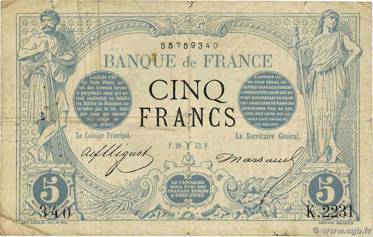 5 Francs NOIR FRANCE  1873 F.01.16 B