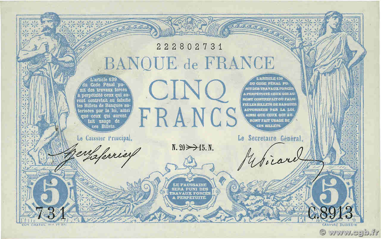 5 Francs BLEU FRANCE  1915 F.02.33 pr.SPL