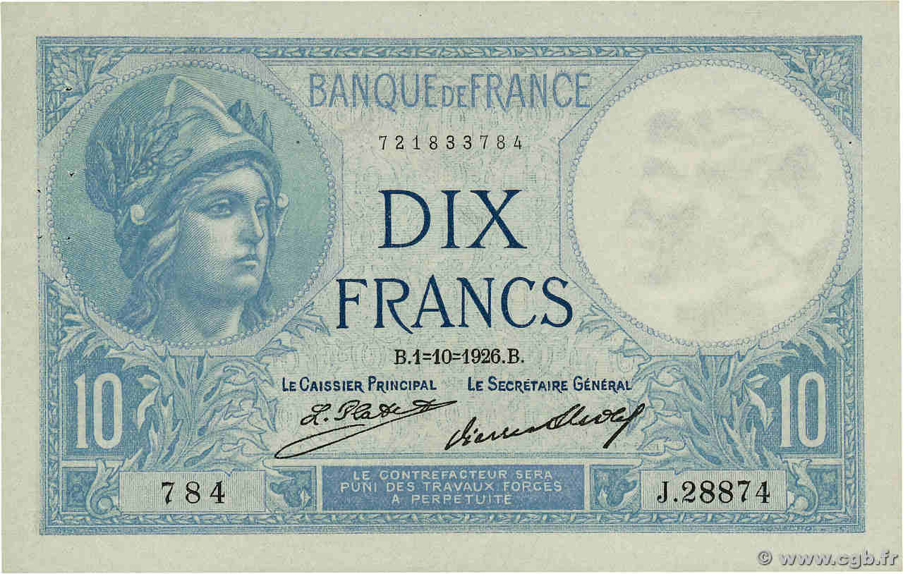 10 Francs MINERVE FRANCE  1926 F.06.11a pr.SUP