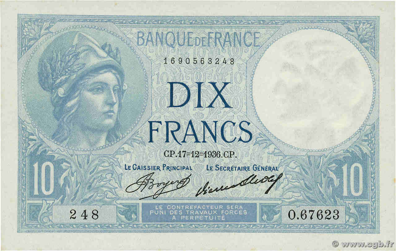 10 Francs MINERVE FRANKREICH  1936 F.06.17 fST+