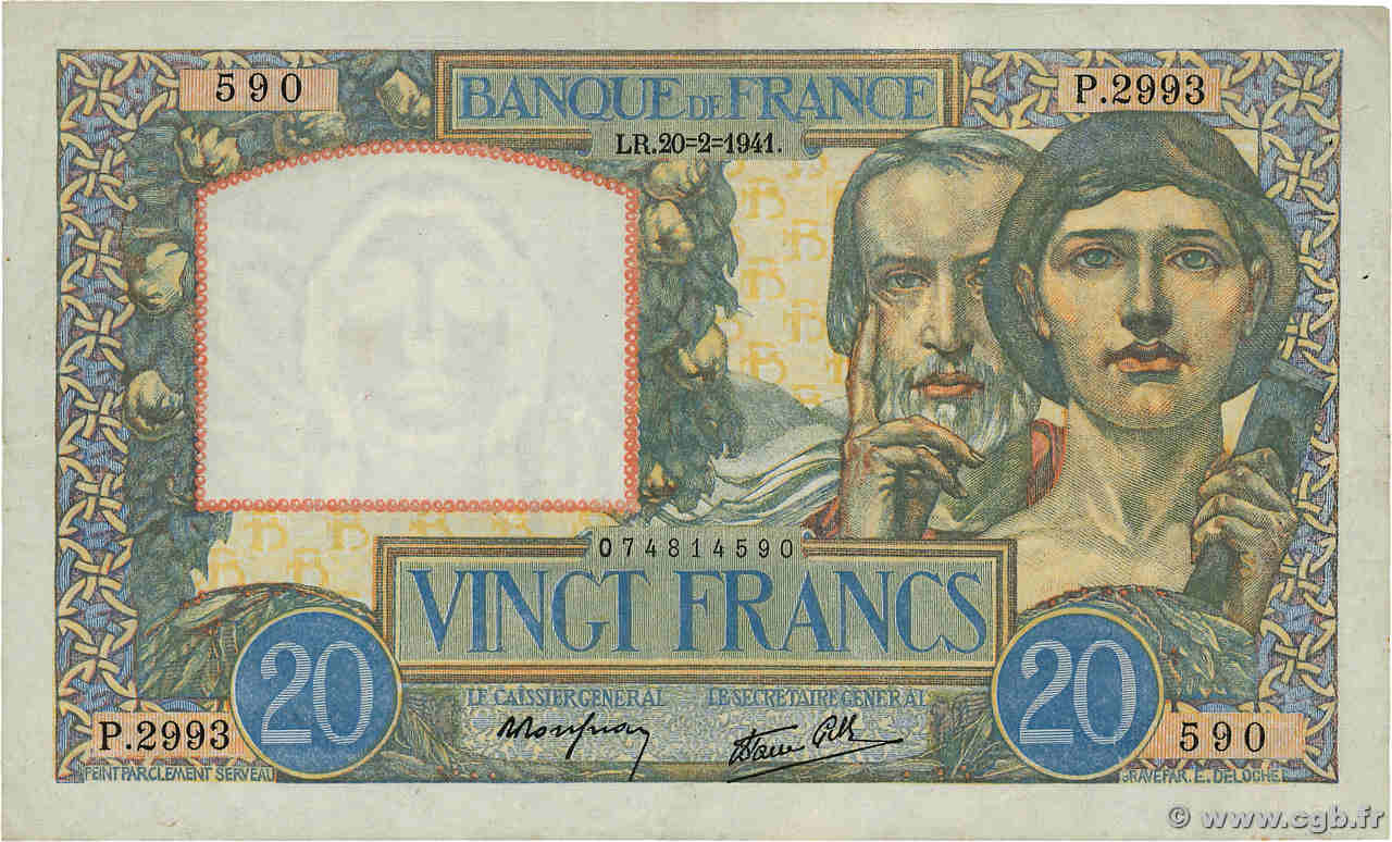 20 Francs TRAVAIL ET SCIENCE FRANCE  1941 F.12.12 TTB