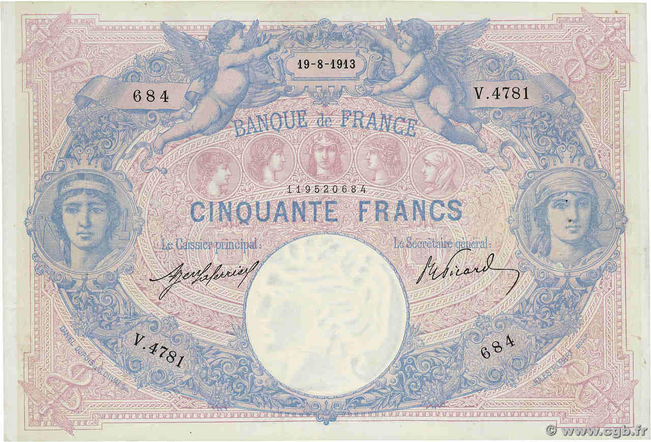 50 Francs BLEU ET ROSE FRANCE  1913 F.14.26 TTB