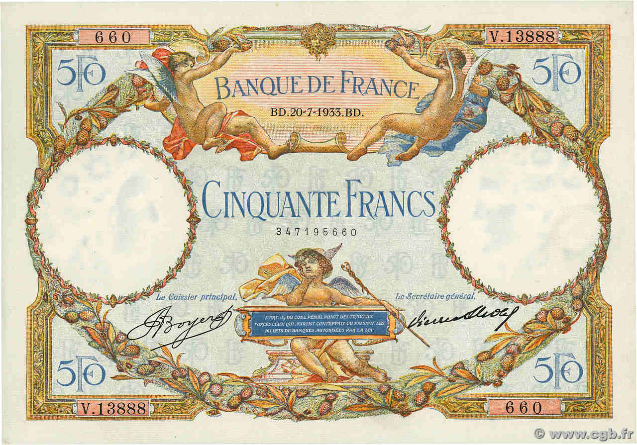 50 Francs LUC OLIVIER MERSON type modifié FRANCE  1933 F.16.04 SUP