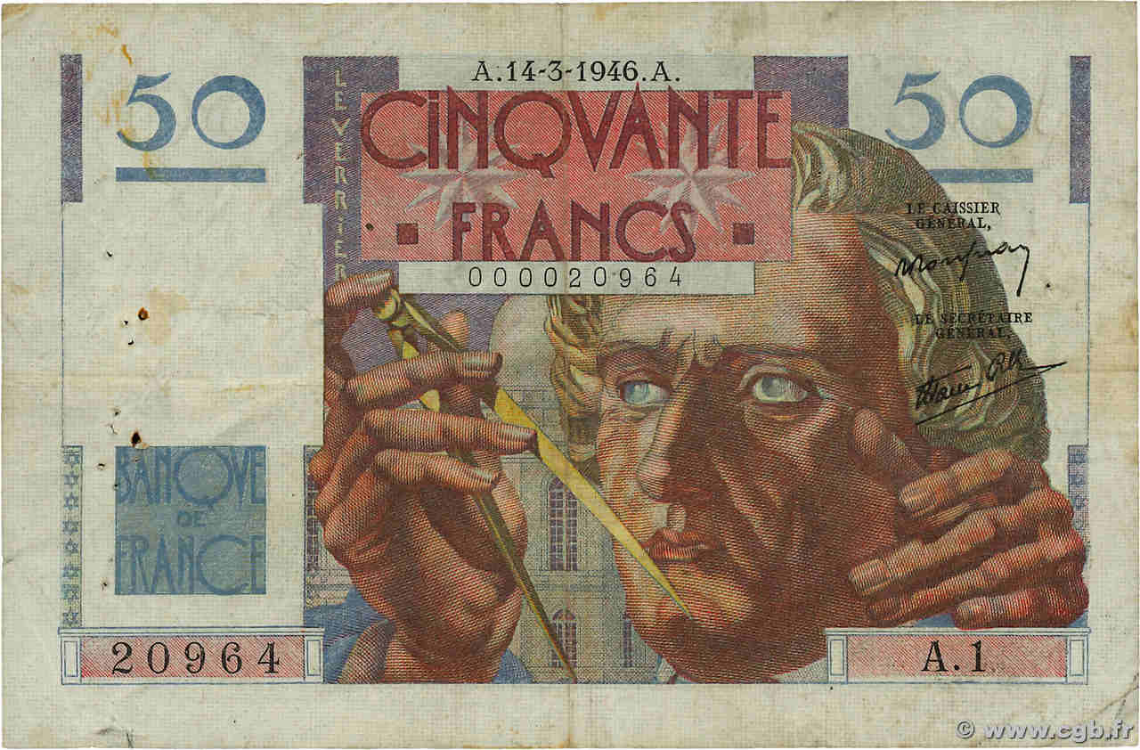 50 Francs LE VERRIER Petit numéro FRANCE  1946 F.20.01A1 F