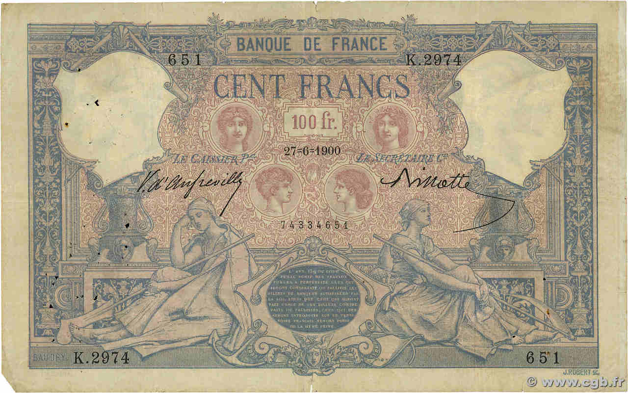 100 Francs BLEU ET ROSE FRANCE  1900 F.21.13 VG