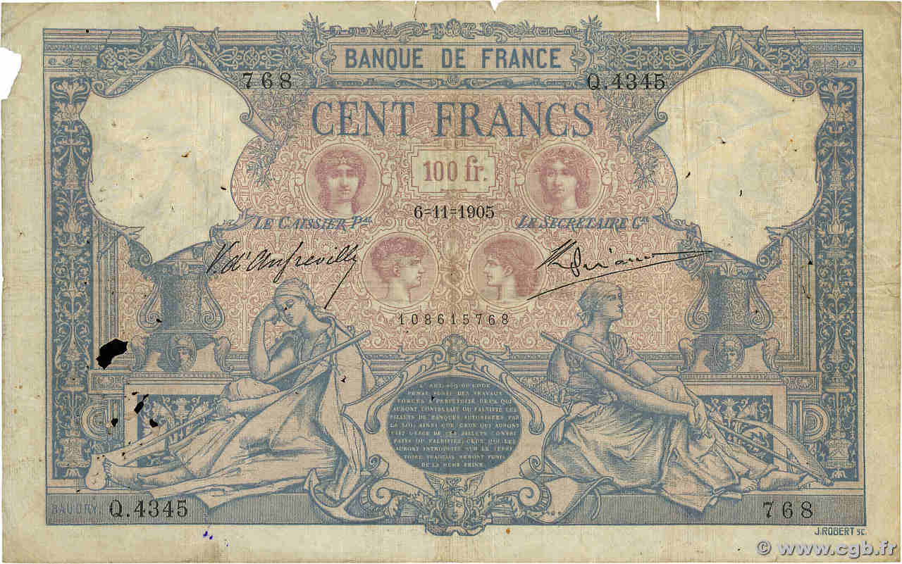 100 Francs BLEU ET ROSE FRANCE  1905 F.21.19 B