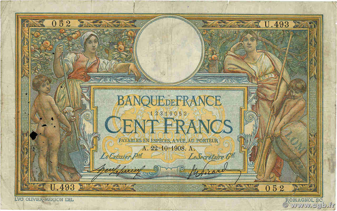 100 Francs LUC OLIVIER MERSON avec LOM FRANCE  1908 F.22.01 B