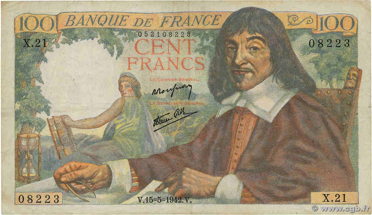 100 Francs DESCARTES FRANKREICH  1942 F.27.01 S