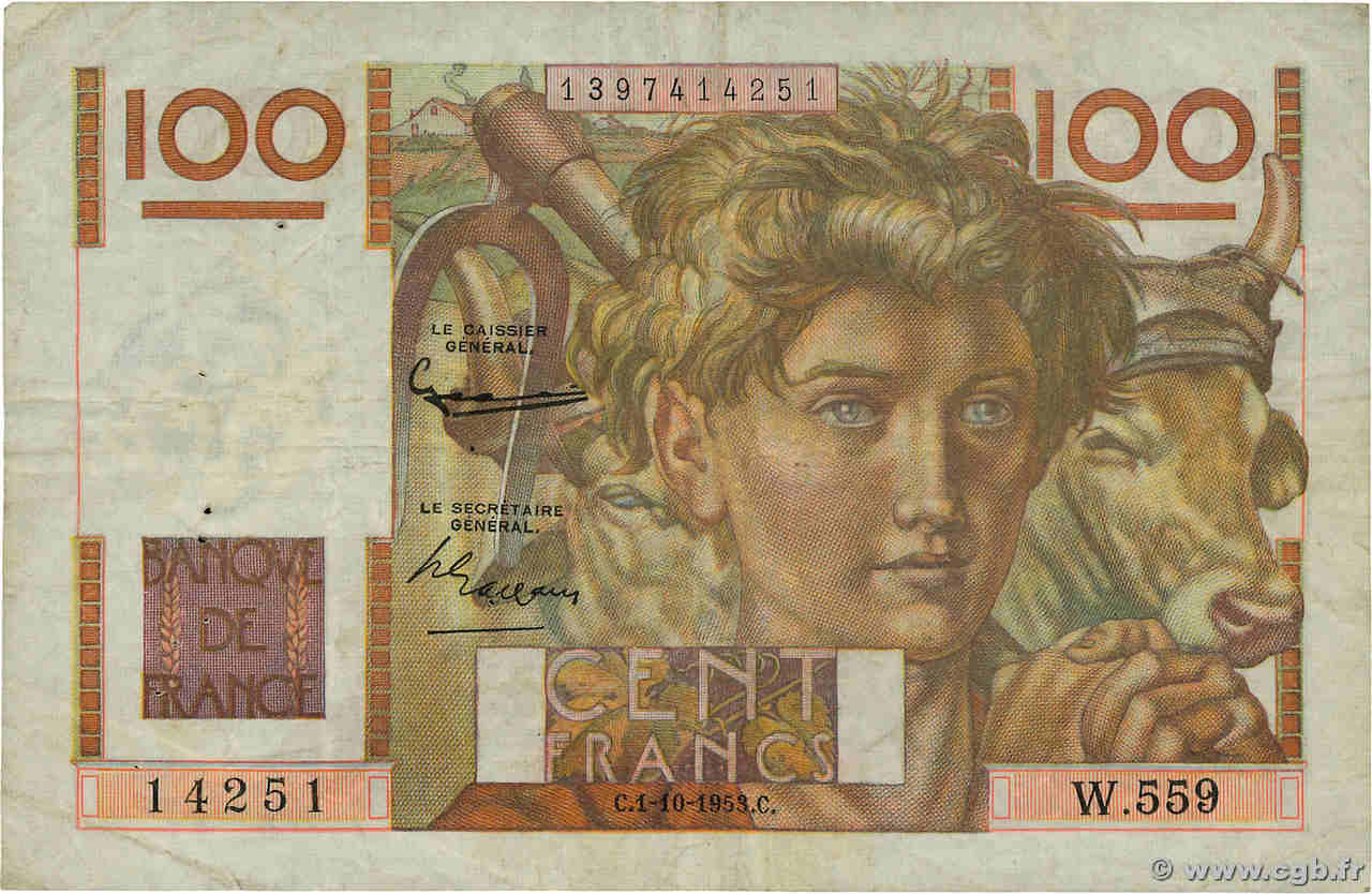 100 Francs JEUNE PAYSAN filigrane inversé FRANCE  1953 F.28bis.03 TB+
