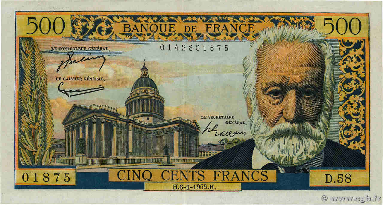 500 Francs VICTOR HUGO FRANKREICH  1955 F.35.04 VZ+