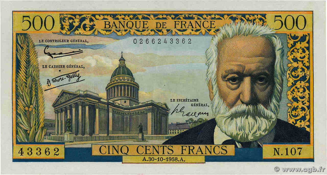 500 Francs VICTOR HUGO FRANCE  1958 F.35.11 SUP
