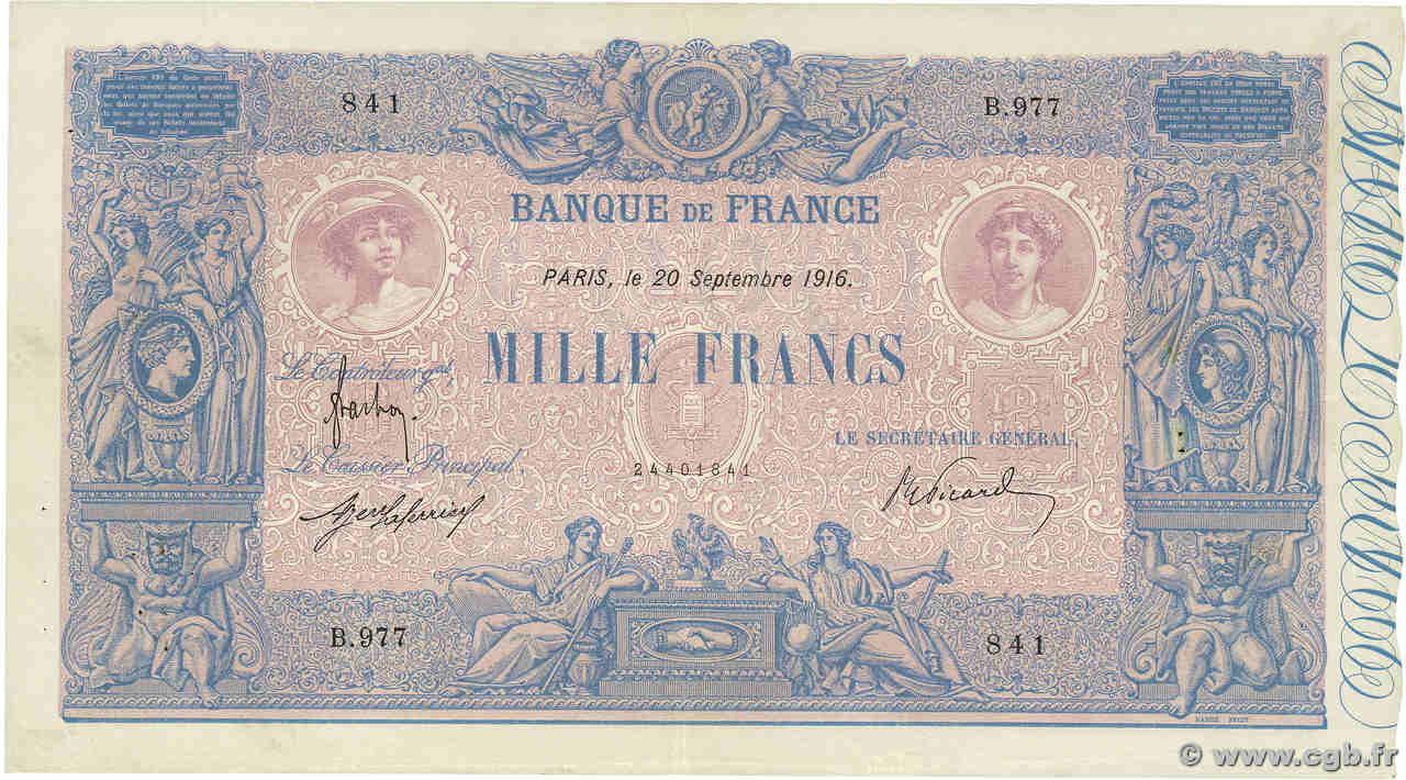 1000 Francs BLEU ET ROSE FRANCE  1916 F.36.30 TTB