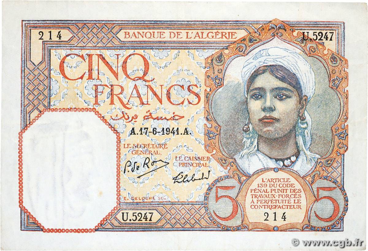 5 Francs ALGERIA  1941 P.077b VF