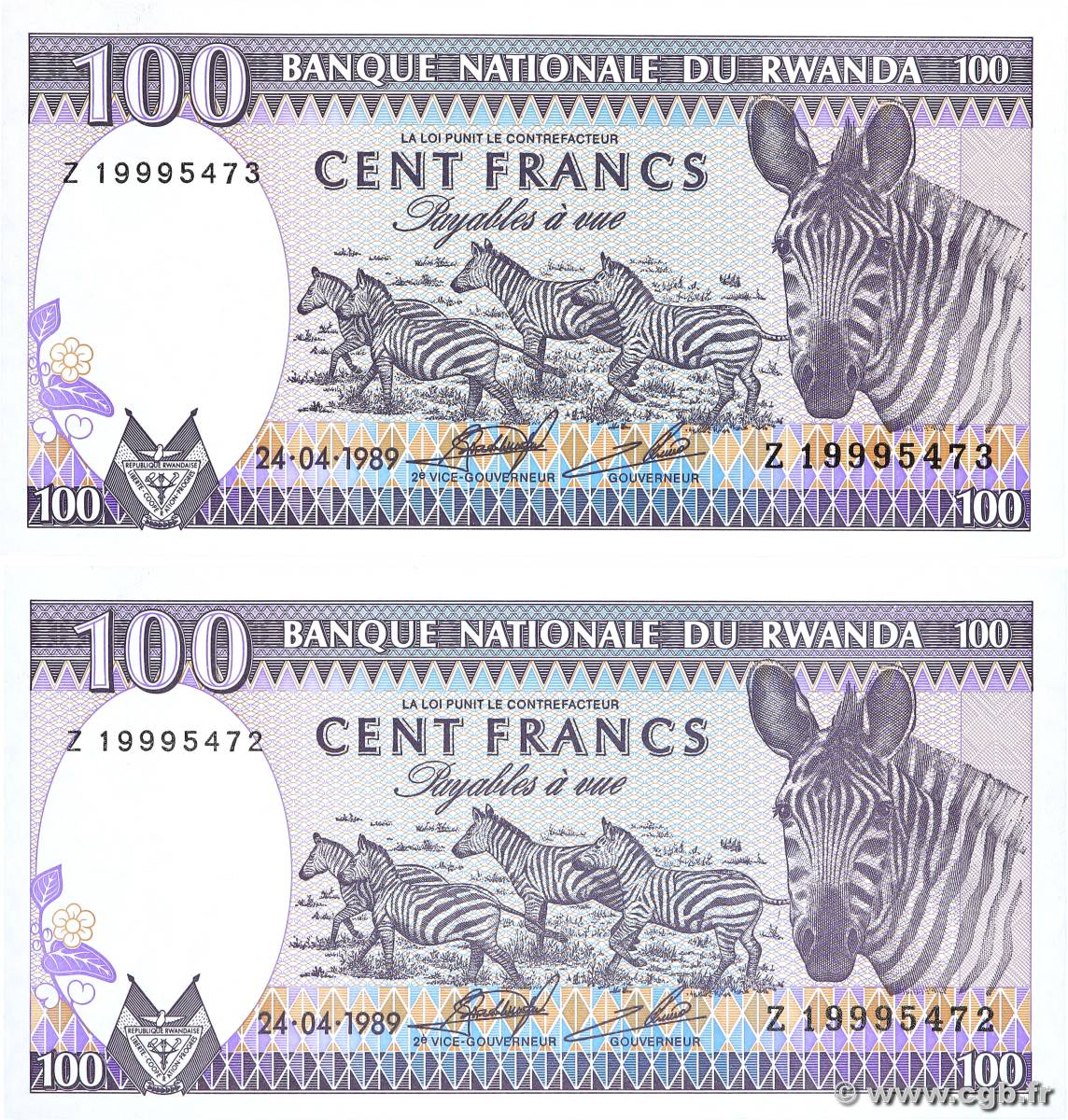 100 Francs Lot RWANDA  1989 P.19a UNC