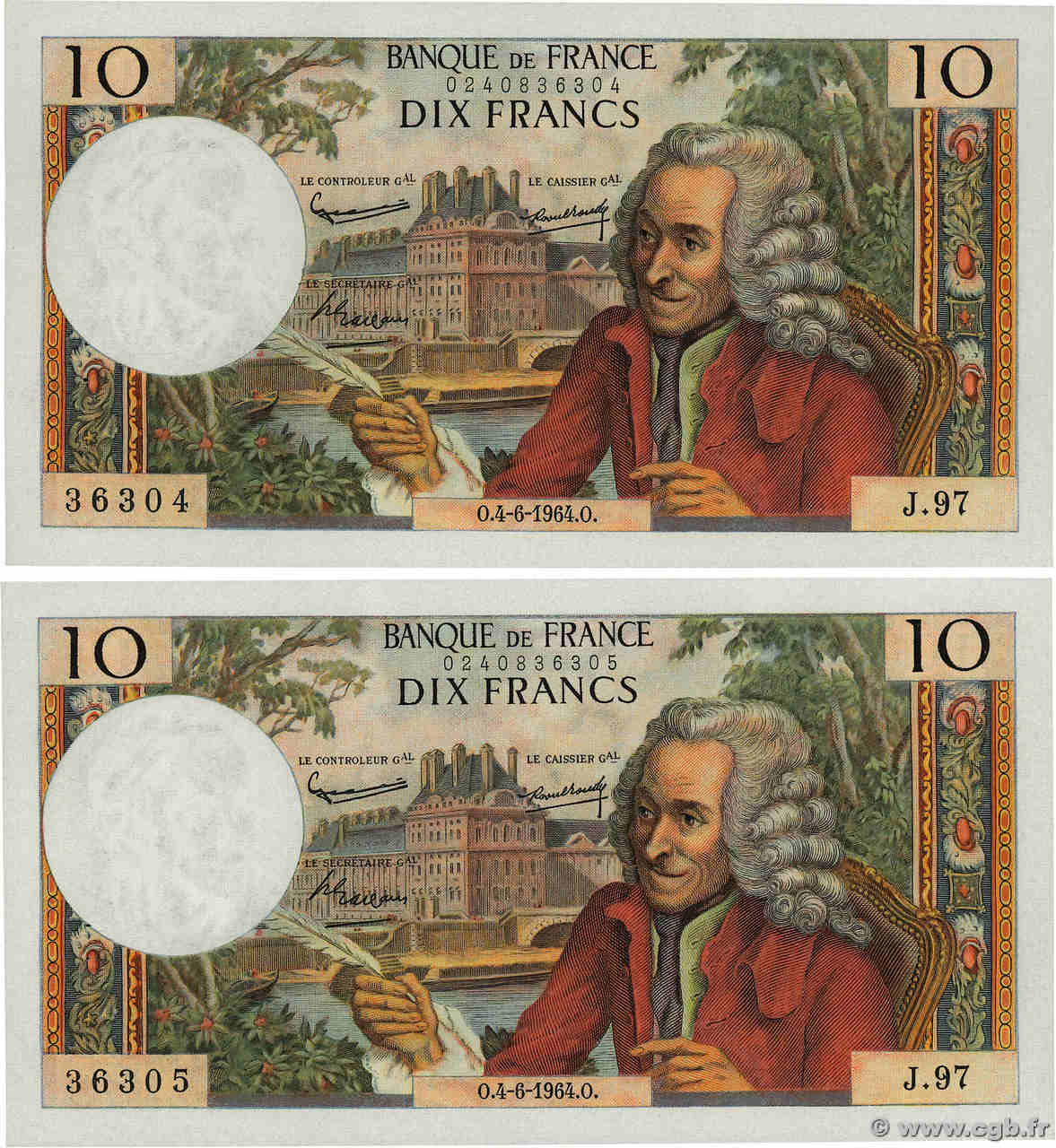 10 Francs VOLTAIRE Consécutifs FRANCE  1964 F.62.09 pr.SUP