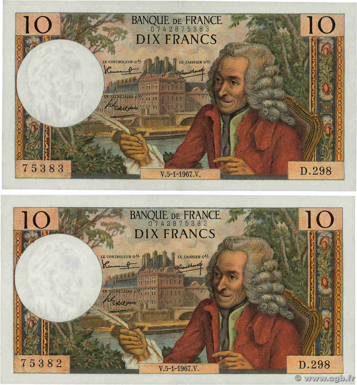 10 Francs VOLTAIRE Consécutifs FRANCE  1967 F.62.24 pr.SPL