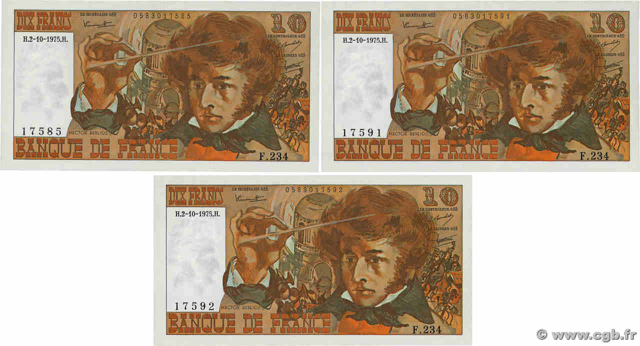 10 Francs BERLIOZ Lot FRANCE  1975 F.63.13 AU+