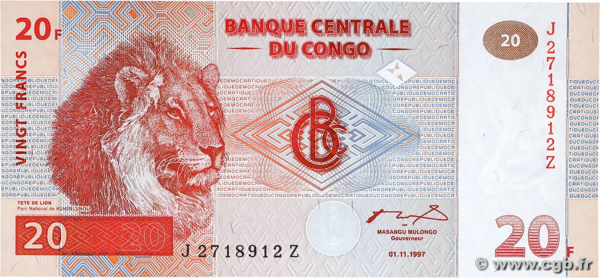 20 Francs REPúBLICA DEMOCRáTICA DEL CONGO  1997 P.088A FDC