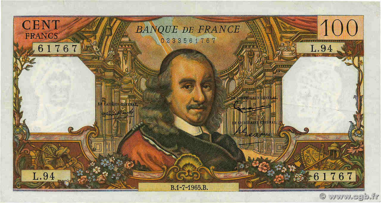100 Francs CORNEILLE FRANCE  1965 F.65.08 VF+