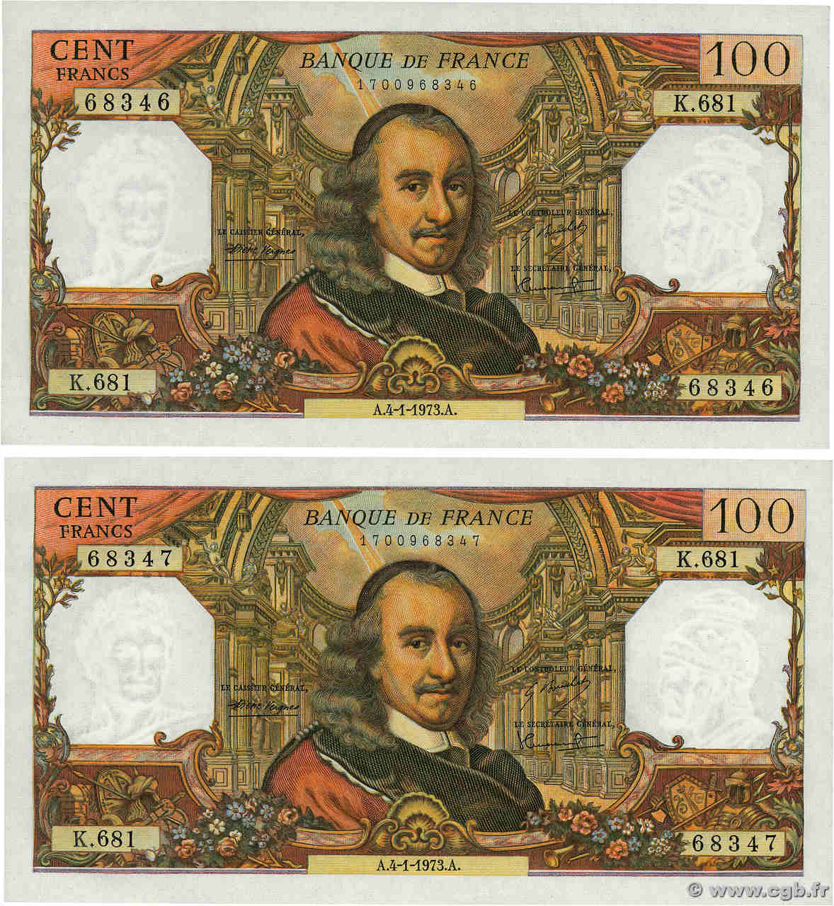 100 Francs CORNEILLE Consécutifs FRANCE  1973 F.65.41 AU+