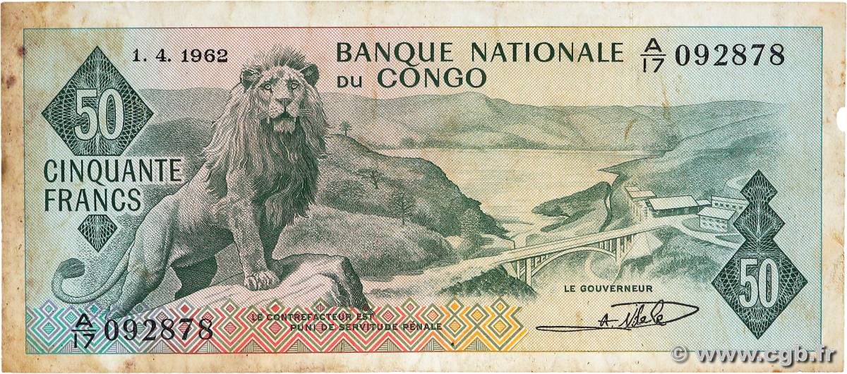50 Francs REPúBLICA DEMOCRáTICA DEL CONGO  1962 P.005a BC