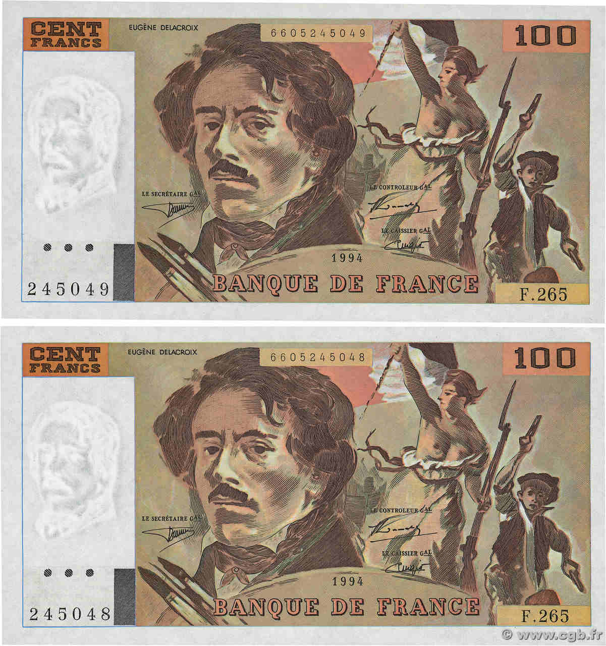 100 Francs DELACROIX 442-1 & 442-2 Consécutifs FRANCE  1994 F.69ter.01b SPL+
