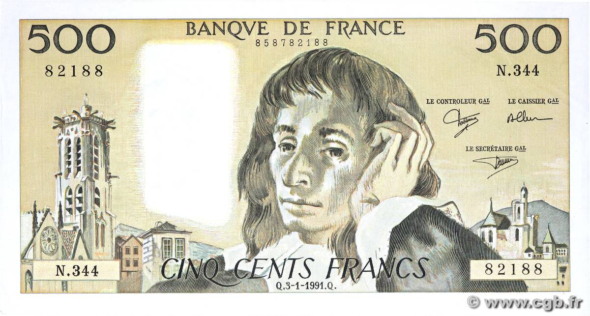 500 Francs PASCAL FRANCE  1991 F.71.46 TTB+