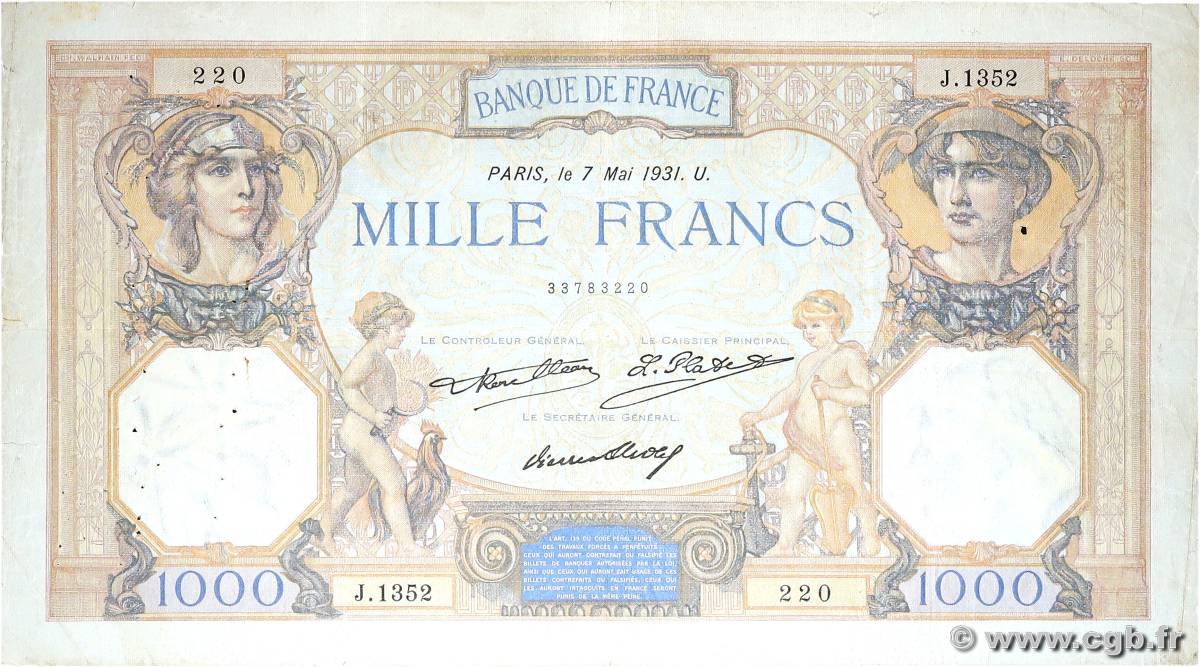 1000 Francs CÉRÈS ET MERCURE FRANCE  1931 F.37.06 VG