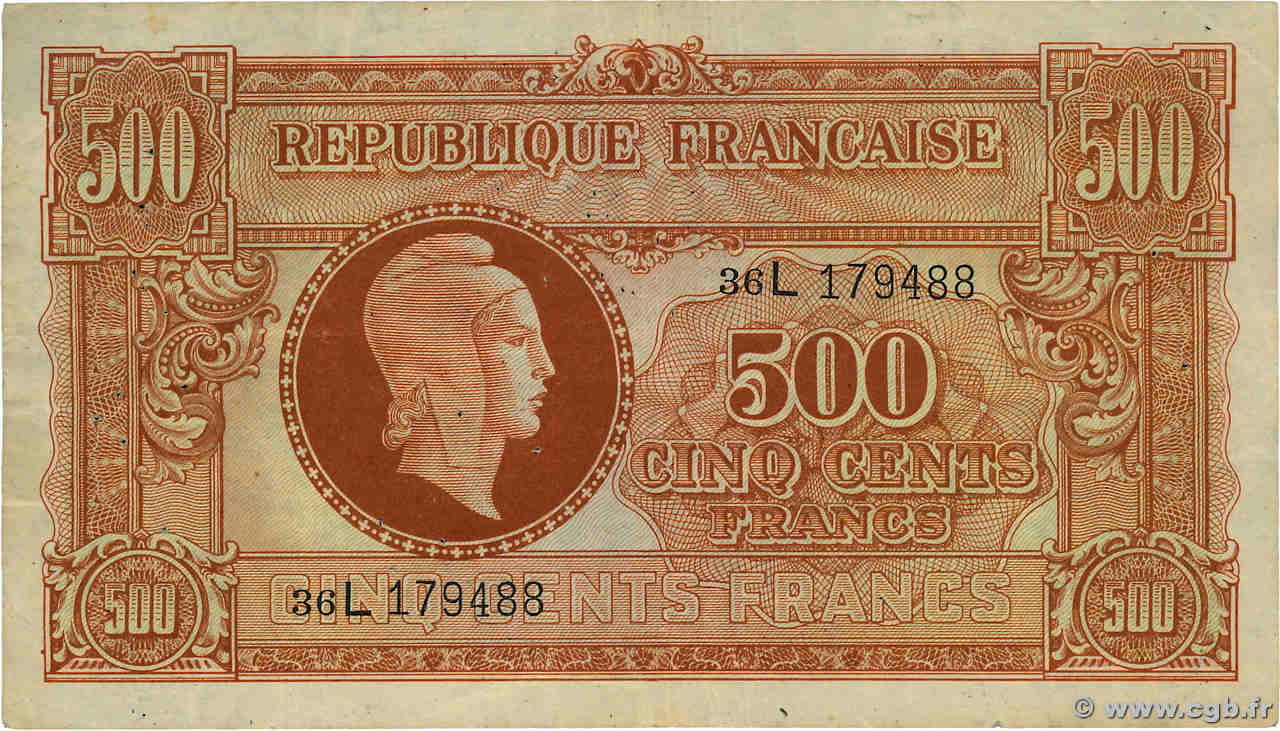 500 Francs MARIANNE fabrication anglaise FRANCE  1945 VF.11.01 TB+