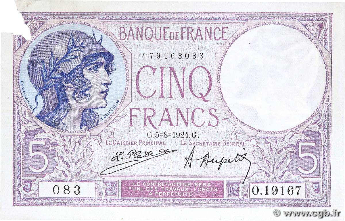 5 Francs FEMME CASQUÉE FRANCE  1924 F.03.08 TB