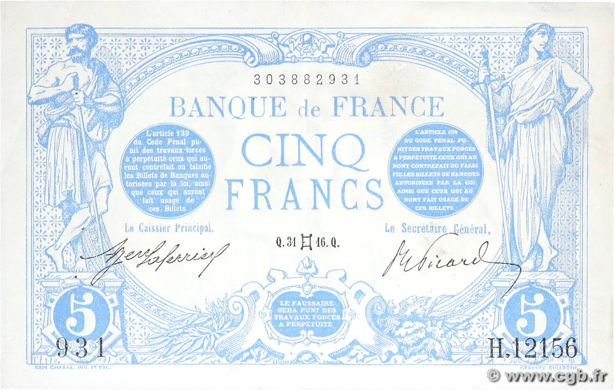 5 Francs BLEU FRANKREICH  1916 F.02.39 fVZ