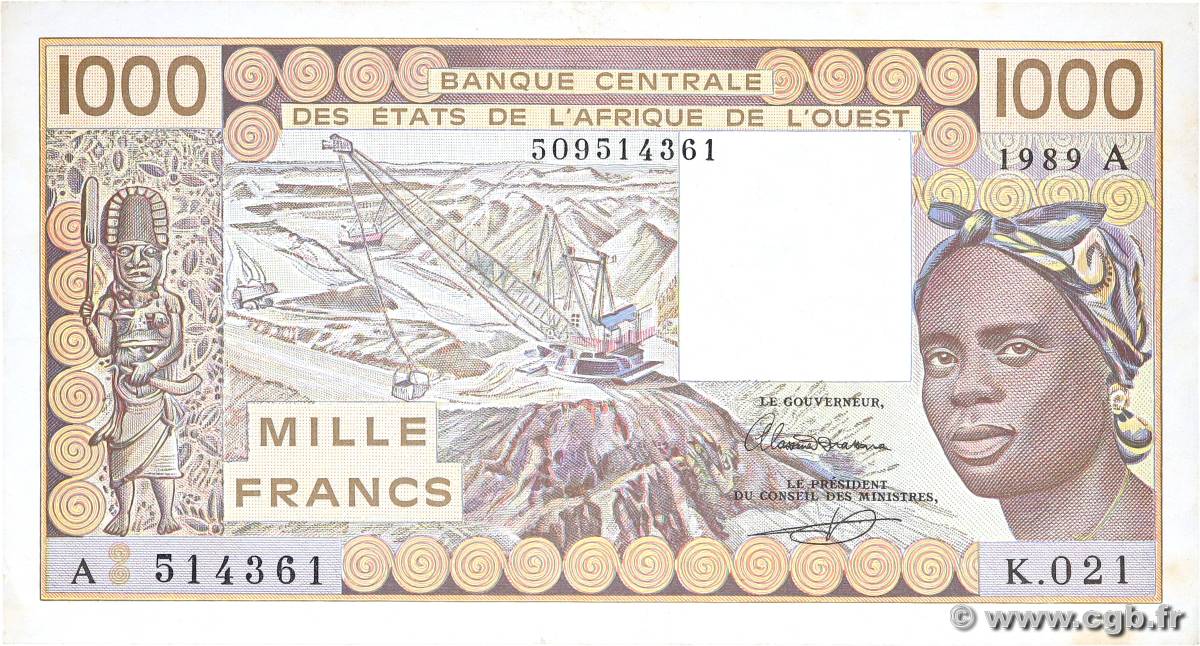 1000 Francs ÉTATS DE L AFRIQUE DE L OUEST  1989 P.107Ai TTB