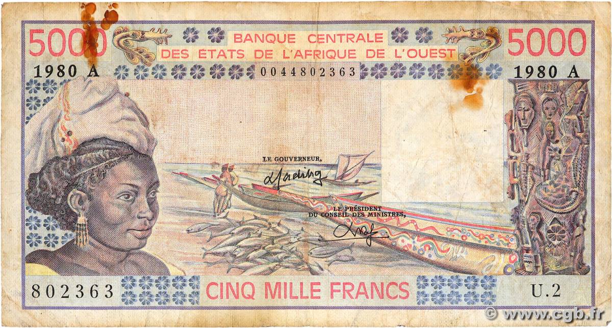 5000 Francs ÉTATS DE L AFRIQUE DE L OUEST  1980 P.108Ad B+