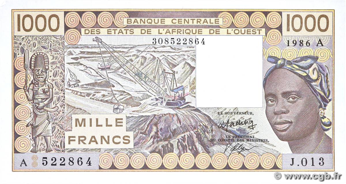 1000 Francs ÉTATS DE L AFRIQUE DE L OUEST  1986 P.107Aj pr.NEUF