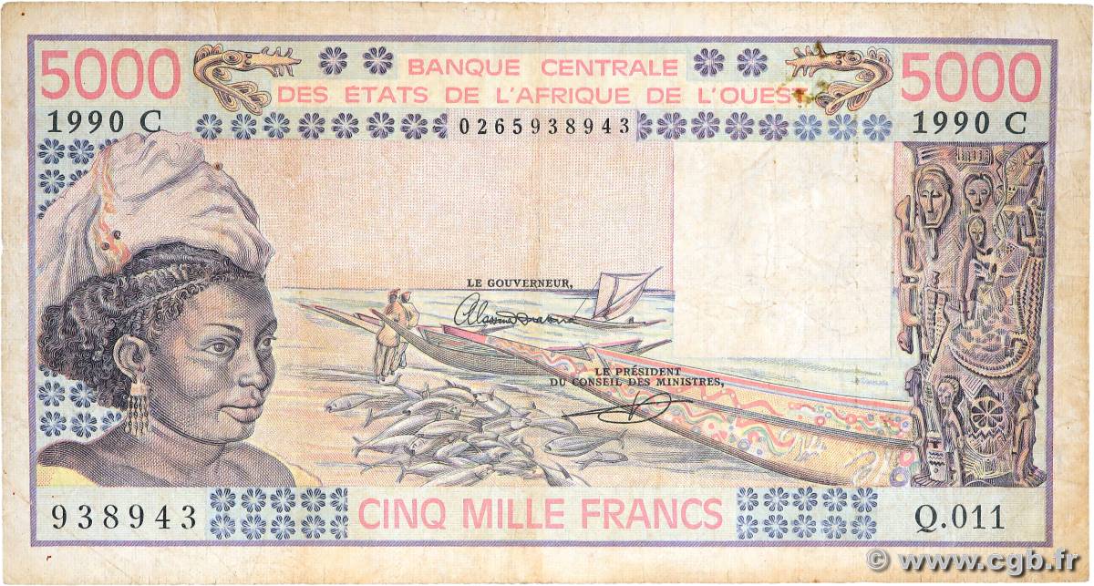 5000 Francs WEST AFRICAN STATES  1990 P.308Cn G
