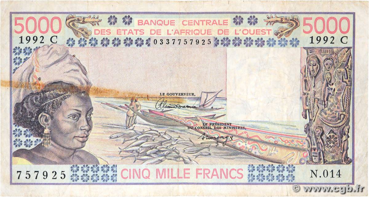 5000 Francs WEST AFRIKANISCHE STAATEN  1992 P.308Cq SGE