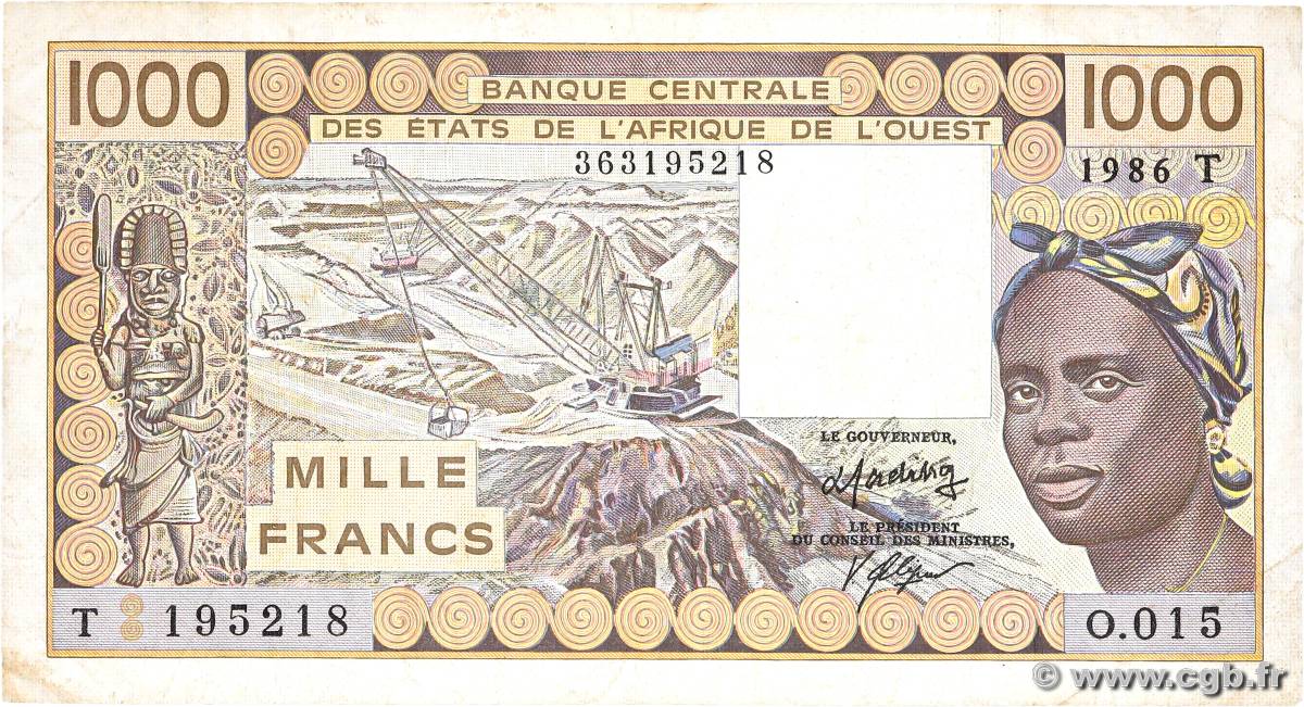 1000 Francs ÉTATS DE L AFRIQUE DE L OUEST  1986 P.807Tg TB