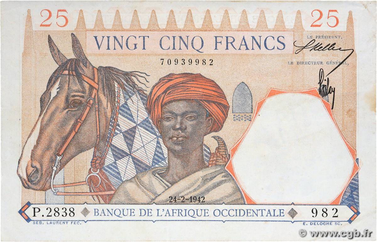 25 Francs FRENCH WEST AFRICA  1942 P.27 MBC