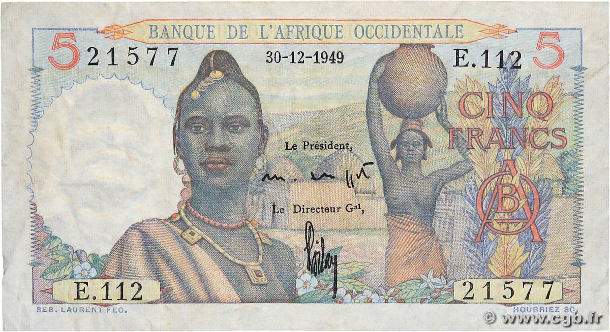 5 Francs FRENCH WEST AFRICA  1949 P.36 VF-